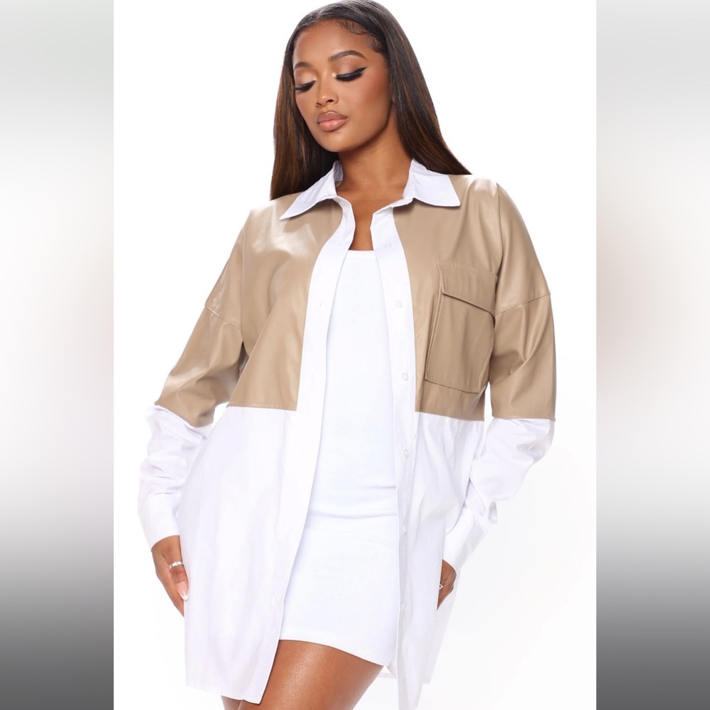 Faux leather collar shirt oversized